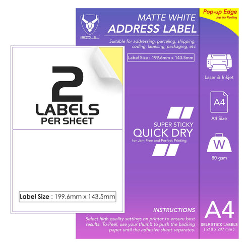 Self Adhesive Printer Labels 2 Printer Labels per Sheet 199mm x 144mm - TradeNRG UK
