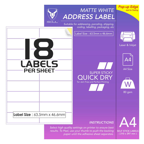 Sticky Labels for Printer - 18 Printer Labels per Sheet - 63mm x 47mm - TradeNRG UK