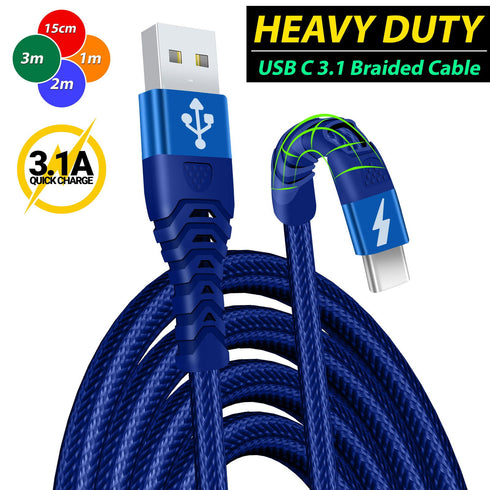 USB C Charger Cable Braided Fast Phone Charger Heavy-Duty Type C Charger Cable Long Lead 2m 3m - TradeNRG UK