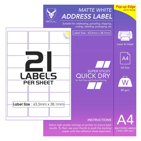 White Address Labels to Print - 21 Labels per Sheet - 64mm x 38mm - TradeNRG UK