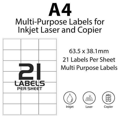 White Address Labels to Print - 21 Labels per Sheet - 64mm x 38mm - TradeNRG UK