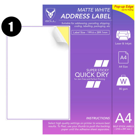 White Address Printer Labels - 1 Label per Sheet - 199mm x 289mm - TradeNRG UK