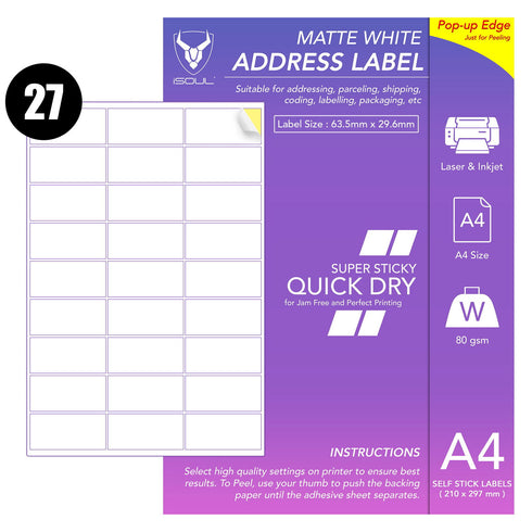 White Address Printer Labels - 27 Labels per Sheet - 64mm x 30mm - TradeNRG UK