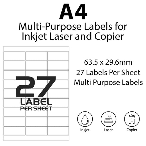 White Address Printer Labels - 27 Labels per Sheet - 64mm x 30mm - TradeNRG UK