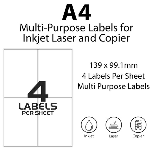 White Printer Labels - 4 Labels per Sheet - 139mm x 99mm - TradeNRG UK