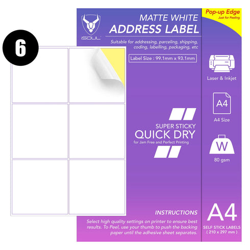 White Return Address Labels - 6 Printer Labels per Sheet - 99mm x 93mm - TradeNRG UK