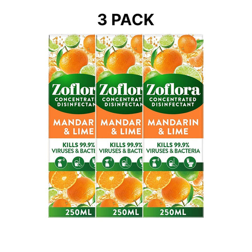 Zoflora Mandarin & Lime 6-Pack 250ml Concentrated 3-in-1 Multipurpose Disinfectant - Kills 99.9% of Bacteria & Viruses - Household - TradeNRG UK
