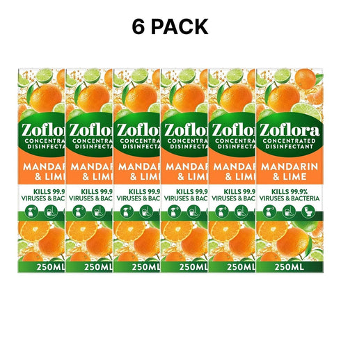 Zoflora Mandarin & Lime 6-Pack 250ml Concentrated 3-in-1 Multipurpose Disinfectant - Kills 99.9% of Bacteria & Viruses - Household - TradeNRG UK