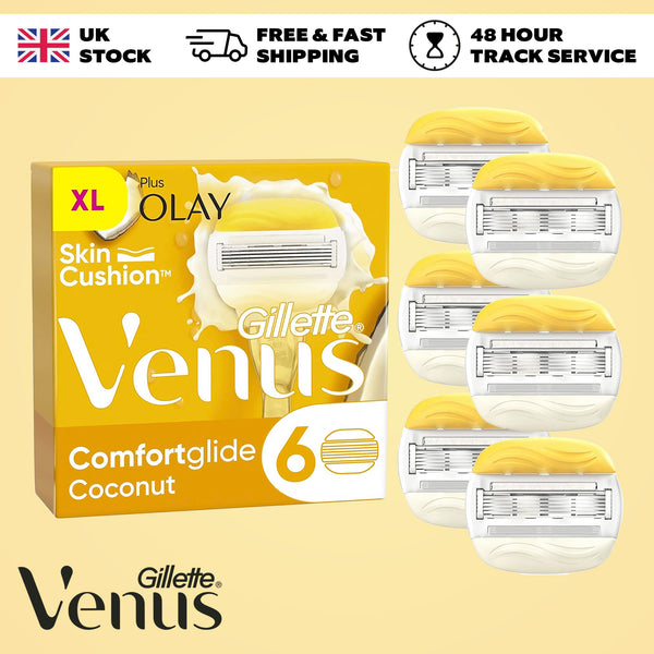 Gillette Venus Blade ComfortGlide Coconut with Olay Women's Razor Blade Refills – Pack of 6, Moisturizing Shave with Built-in Olay Bars for Smooth, Hydrated Skin