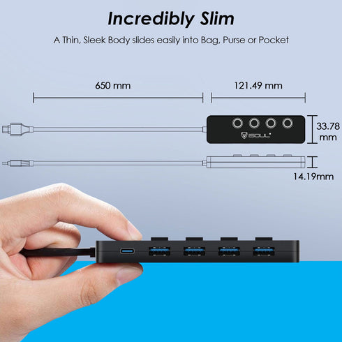 iSOUL 2-in-1 3.0 Hub 4-Port USB Hub Powered with LED Switches USB-C Hub - TradeNRG UK