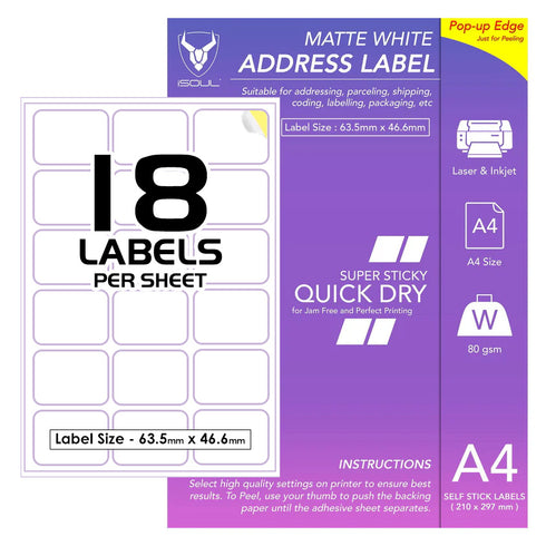 Sticky Labels for Printer - 18 Printer Labels per Sheet - 63mm x 47mm