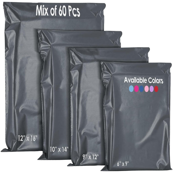 YUNJU 60 Mixed Mailing Postal Self-Seal Closure Plastic Bags - Envelopes for Posting Clothes, Postal, Packaging, Shipping Bags - Tempered Proof, Secure Medium Postage Bags - Mixed Sizes - Grey