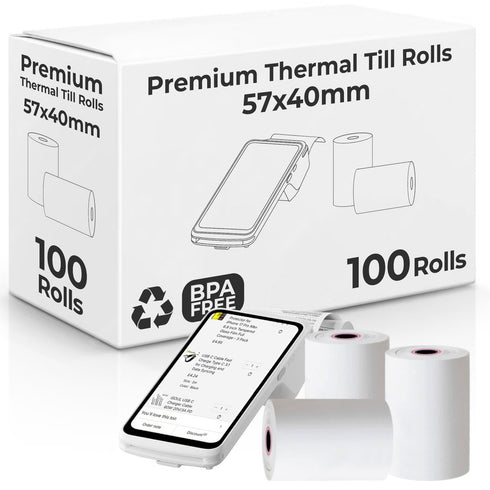 PDQ Rolls eCompostable Till rolls 57x40 thermal till rolls, 70 GSM thick 100 Pcs
