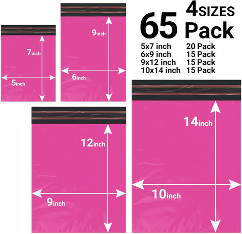 65 Mixed Parcel Bags Hot Pink, Mailer Bags Tamper-Proof Strong Postal Packaging Bags for Shipping, Mailing & Delivery, 4 Sizes Small to Large Bags, 15 Each