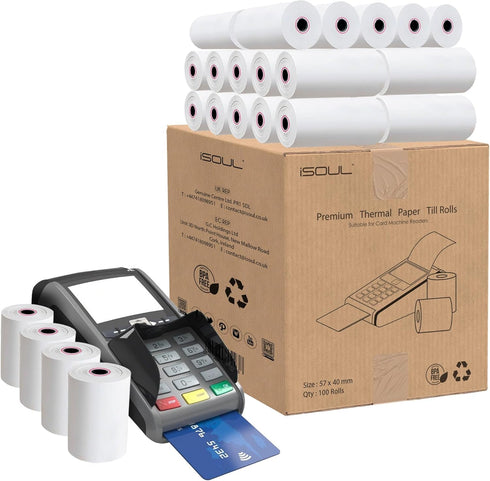 iSOUL 57 x 40mm Till roll, Card Machine Paper Rolls, POS, PDQ Rolls, Thermal Receipt Printer Rolls for Credit Card Machine Rolls, EPOS Compatible with Clover Flex Verifone Ingenico Paypoint