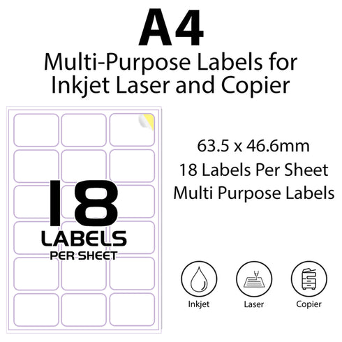 Sticky Labels for Printer - 18 Printer Labels per Sheet - 63mm x 47mm