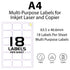 Sticky Labels for Printer - 18 Printer Labels per Sheet - 63mm x 47mm