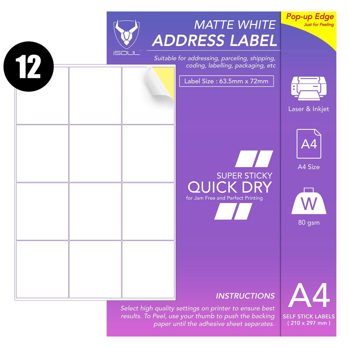 Address Labels Printable - 12 Sticker Labels per Sheet - 64mm x 72mm ...