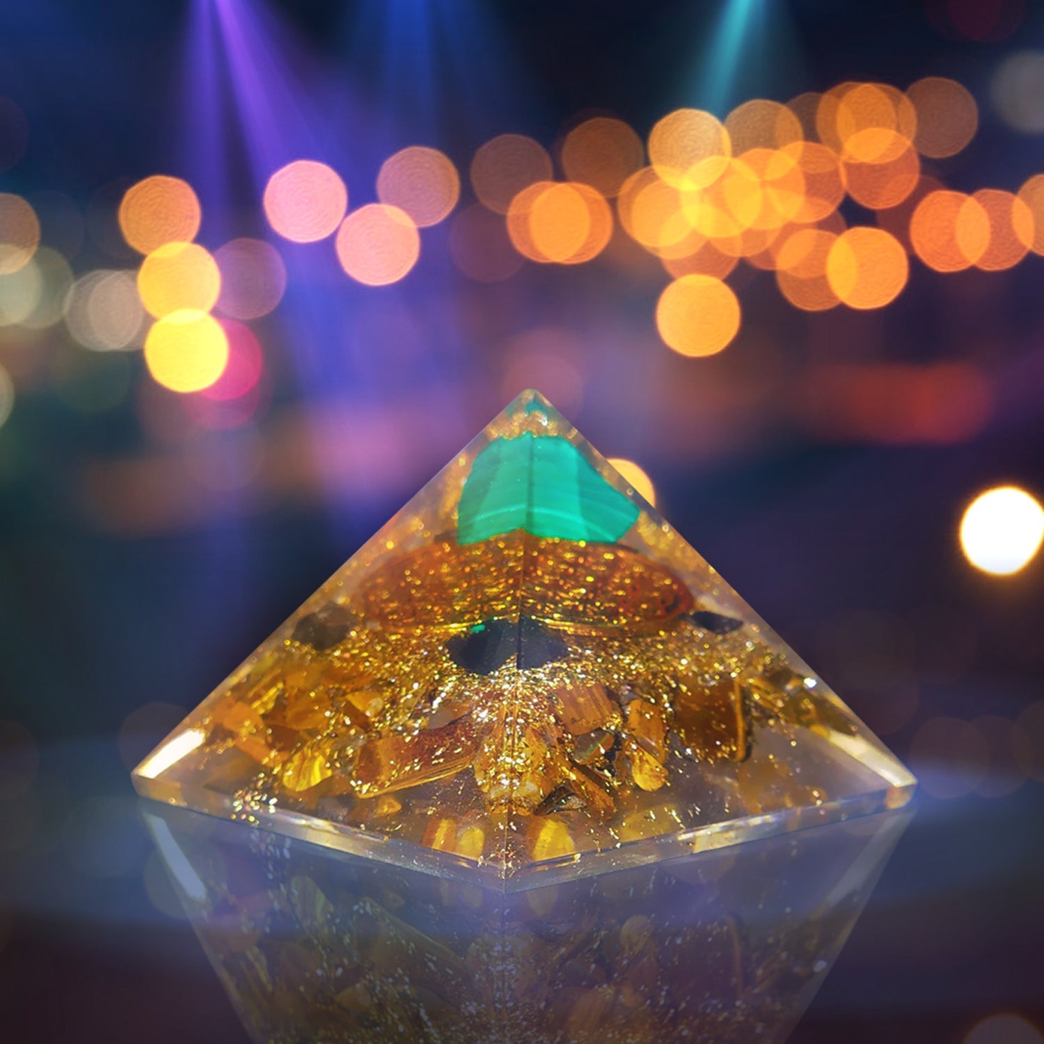 Orgone Pyramid With Triple Healing Crystals Citrine Tiger Eye & Green Orgone Pyramid With Triple Healing Crystals Citrine Tiger Eye & Green